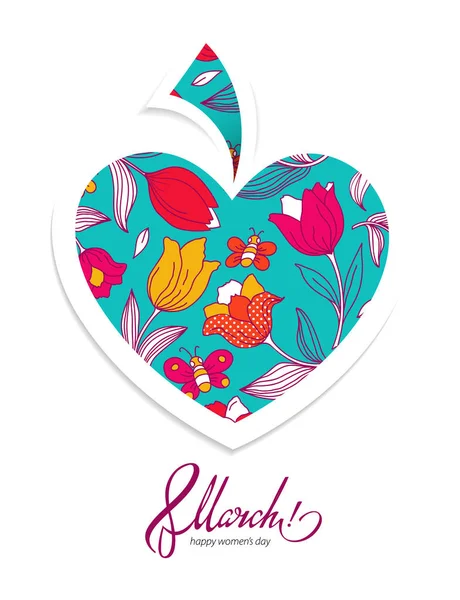 Tarjeta de felicitación 8 de marzo con corazón de flor . — Vector de stock