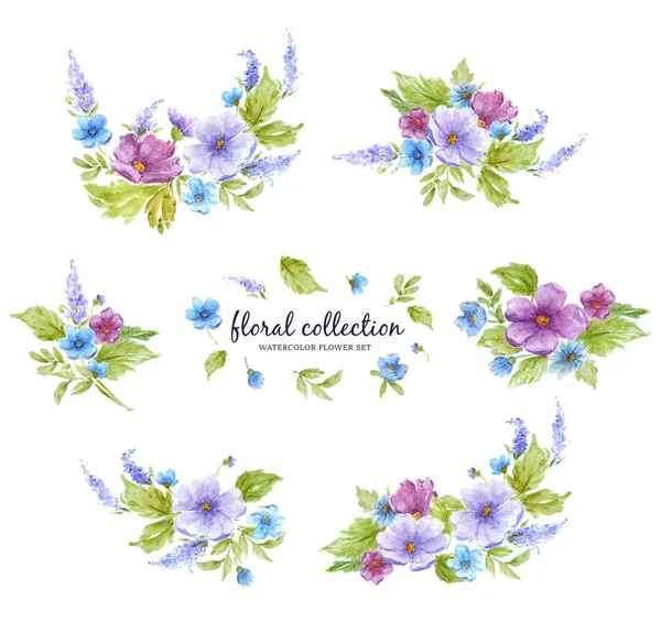 Aquarell florale Kollektion mit Blumenarrangements aus Blumen, Blättern, Zweigen und Blütenknospen. — Stockfoto