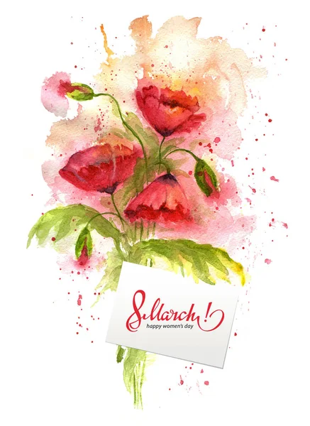 Aquarel wenskaart 8 maart met rode klaproos bloemen. — Stockfoto
