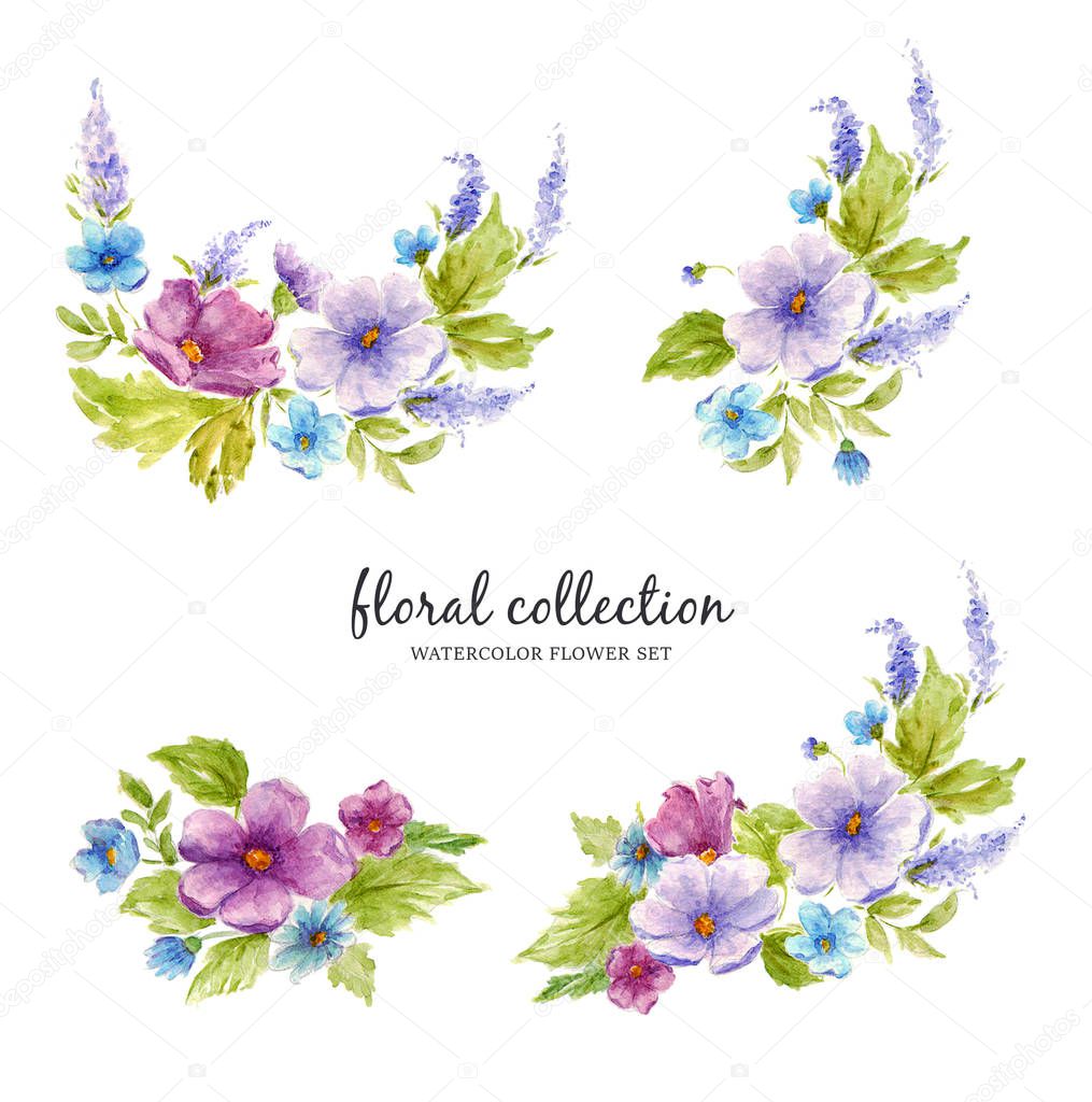 Watercolor floral collection with flower arrangements of flowers, leaves, branches and flower buds.