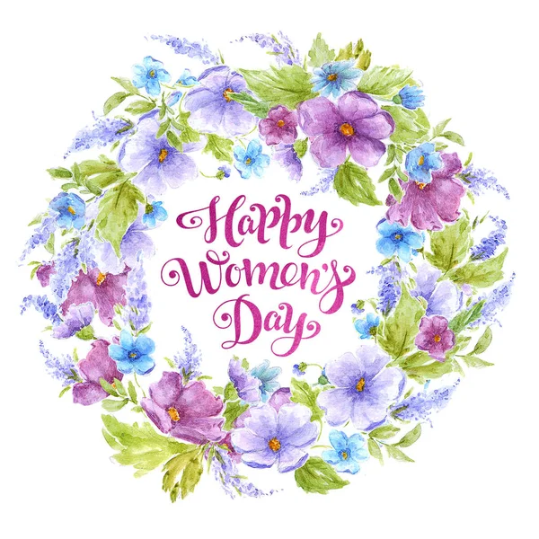 Çiçek çelenk ve yazı kadınlar günün kutlu olsun tebrik kartı. Suluboya 8 Mart kartı — Stok fotoğraf