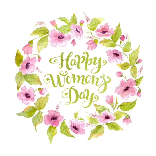 Ευχετήρια κάρτα Happy Day γυναικών με λουλούδι στεφάνι και γράμματα. Ακουαρέλα κάρτα 8 Μαρτίου — Φωτογραφία Αρχείου