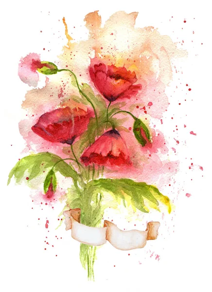 Watercolor illustration of red poppy flowers tied with ribbon on white background. — Stock Photo, Image