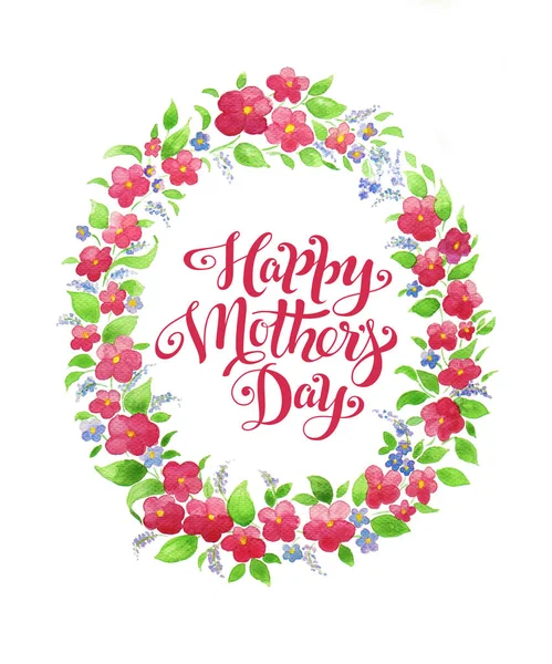Cartão de felicitações Feliz Dia das Mães com coroa de flores e letras. Cartão aquarela — Fotografia de Stock