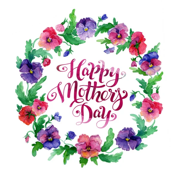 Cartão de felicitações Feliz Dia das Mães com flores pansy grinalda e letras. Cartão aquarela . — Fotografia de Stock