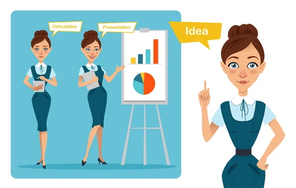 Set of business woman characters poses. Girl has idea . Girl shows presentation and girl calculates result. — Stock Photo, Image