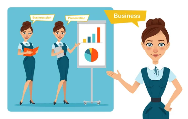 Set of business woman characters poses. Girl with folder. Girl shows presentation and girl points to side — Stock Photo, Image