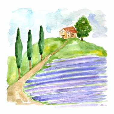 Tuscan manzara ile suluboya resim lavanta alan ve ülke ile ev Europa .