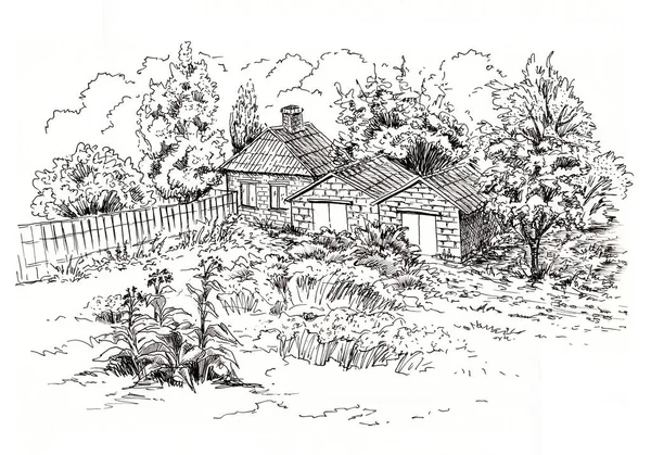 Bosquejo de paisaje rural con antigua casa de campo, granero, garaje y jardín. Boceto de tinta —  Fotos de Stock
