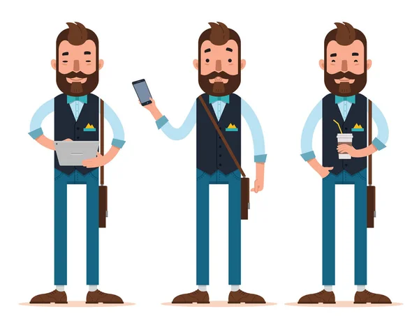 Personajes de hombre de negocios. Tres poses diferentes. El hombre se para con la tableta digital, el hombre con el teléfono, el hombre con el vaso de café — Vector de stock