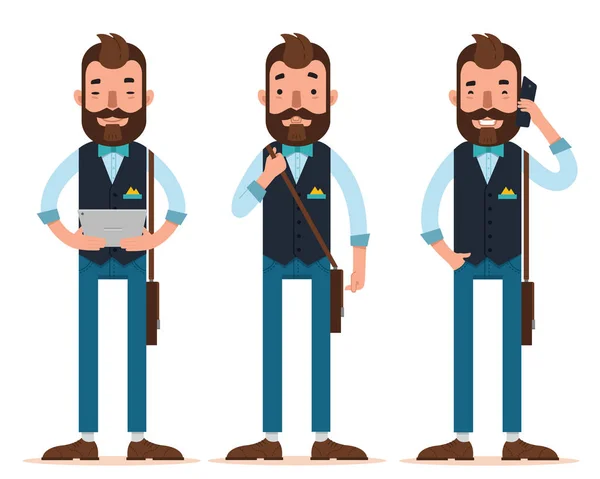 Businessman characters. Three different poses. Man stands with digital tablet, man stands with leather bag, man calls on phone. — Stock Vector