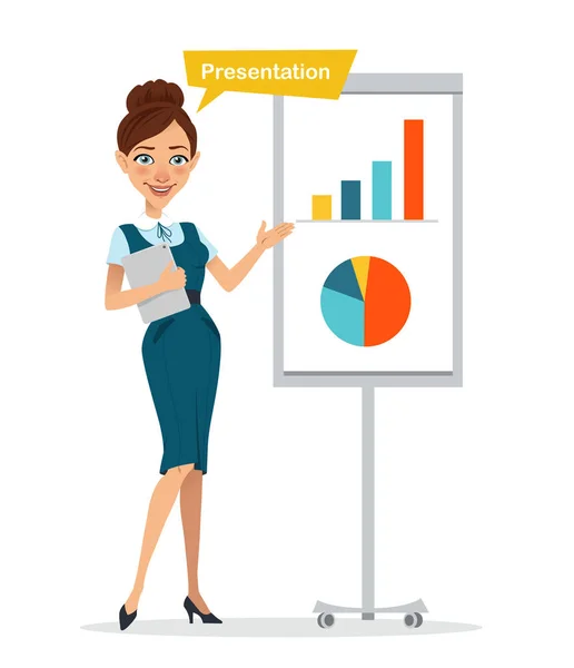 Mujer con tableta digital de pie cerca del rotafolio. La mujer está mostrando la presentación. La mujer señala el gráfico y el diagrama. Carácter empresarial . — Archivo Imágenes Vectoriales