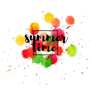 Yaz saati poster. Suluboya boya sprey ile arka plan harflerle yaz saati