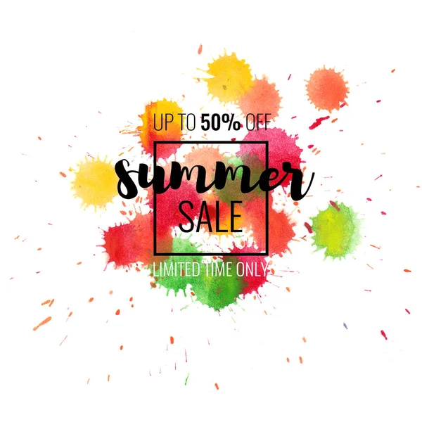 Sommar försäljning upp till 50 procent av. Säsongens rabatter. Abstrakta färgstarka akvarell banner med handritad bokstäver. — Stockfoto