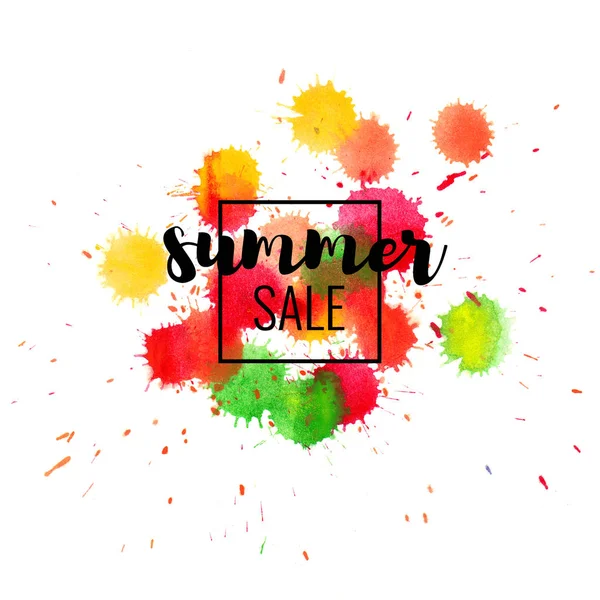Summer Sale banner. Seasonal discounts. Abstract colorful watercolor banner with hand drawn lettering.