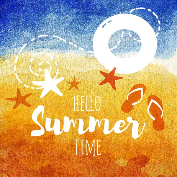 Hello summer time poster. Summer watercolor Illustration for beach holidays. Sunny beach with starfish, lifebuoy, fish