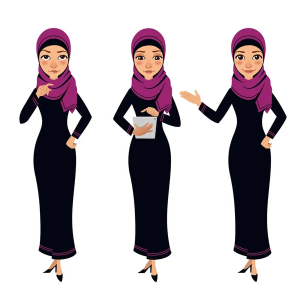 Arab business woman character. Three different poses — Stock Vector