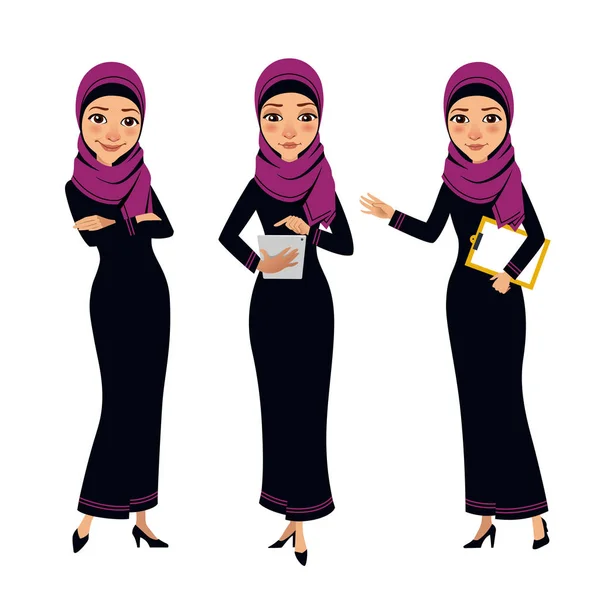 Mujeres árabes de negocios personajes. Cuatro poses con tableta . — Vector de stock