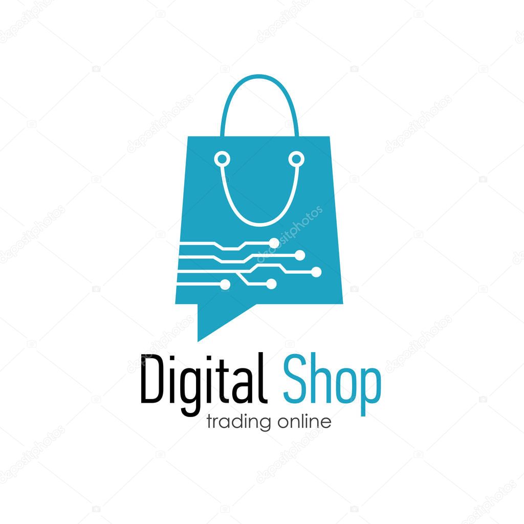 Digital shop logo design template . Web banner Digital Shop with shopping bag. Vector illustation