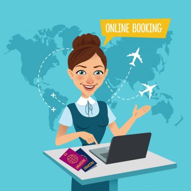 Çevrimiçi rezervasyon afiş. Online uçuş rezervasyon. Seyahat acentesi masada duruyor ve bilet satın yapar.
