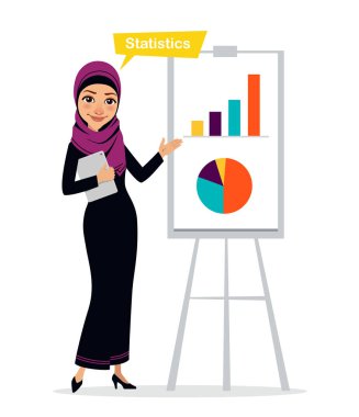 Arap iş kadın karakteri ile dijital tablet ayakta flipchart yakınındaki