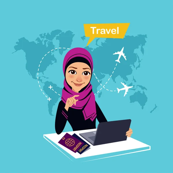 Banner de agencia de viajes. Mujer árabe sentada en la mesa en la oficina y hace la compra de entradas. Concepto de viaje — Archivo Imágenes Vectoriales
