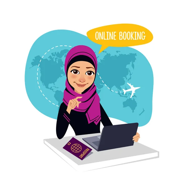 オンライン予約のバナーです。航空券がオンライン予約可能。アラブ女性のオフィスのテーブルに座って、ノート パソコンのために働いて — ストックベクタ