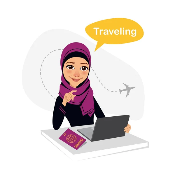 Reisbureau de banner. Arabische vrouw zitten aan tafel in office. Reisagent voor laptop werken. Travel concept — Stockvector