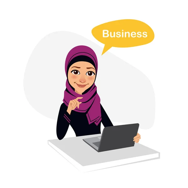 Arab business woman is working with laptop on table . Business concept. — Stock Vector