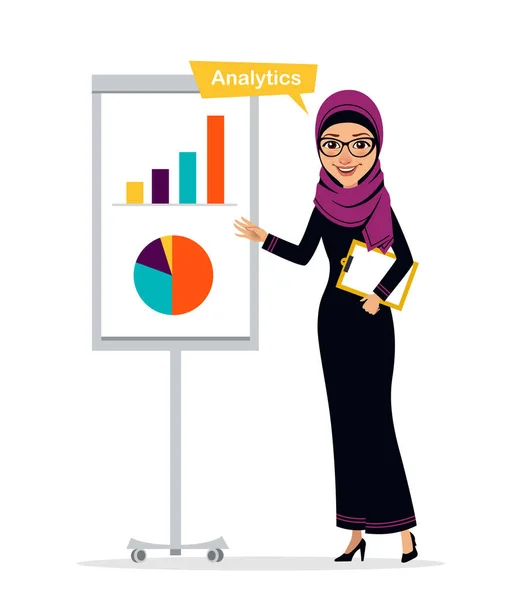 Arabe personnage femme d'affaires avec presse-papiers debout près de tableau à feuilles — Image vectorielle