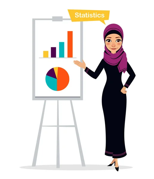 Arap iş flipchart yakınındaki karakter kalan kadın. Kavram istatistikleri. — Stok Vektör