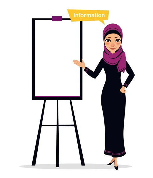 Arab business woman character standing near flipchart. — Stock Vector