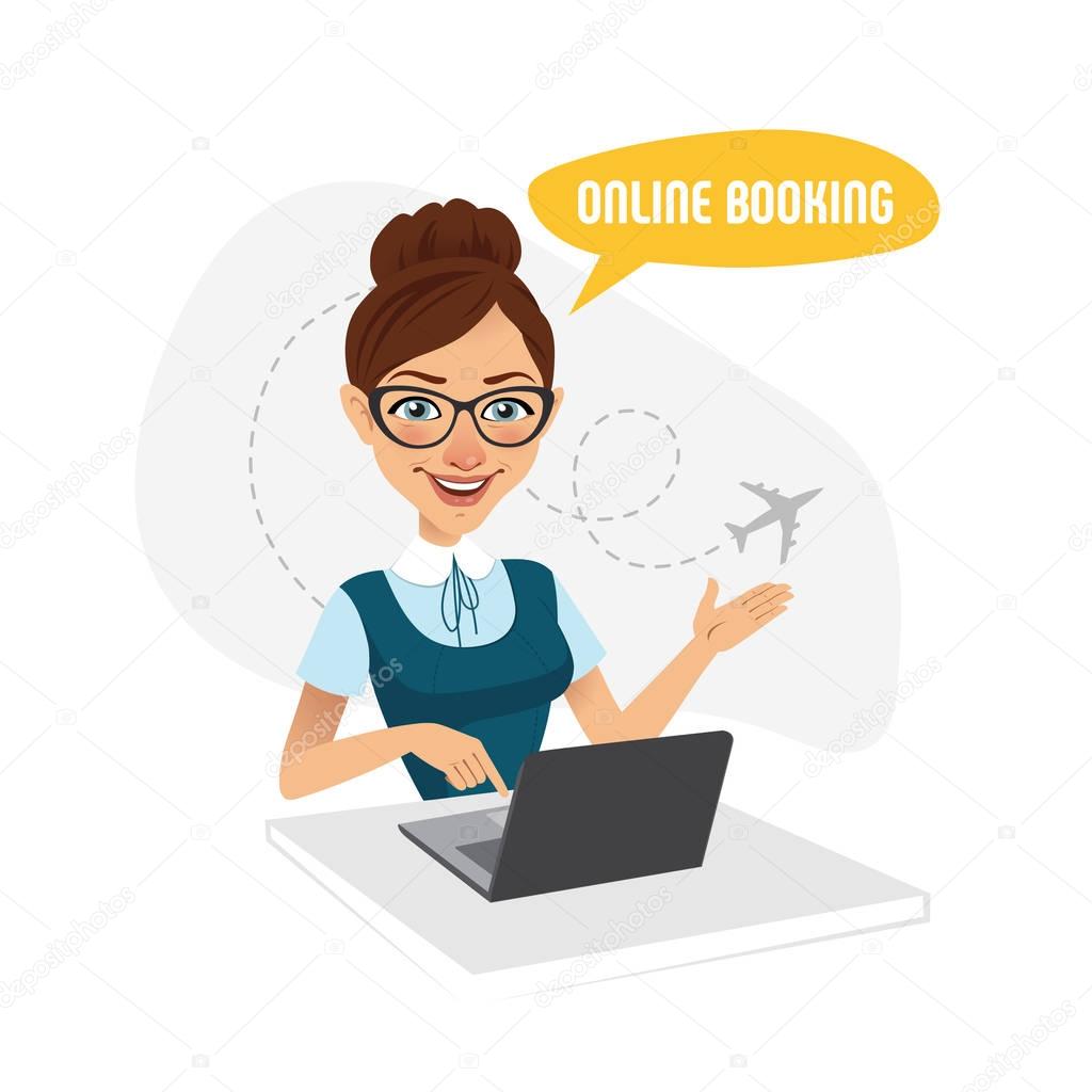 Online booking banner. Air Tickets Online Booking. Online Flight Booking. Travel agent working for laptop
