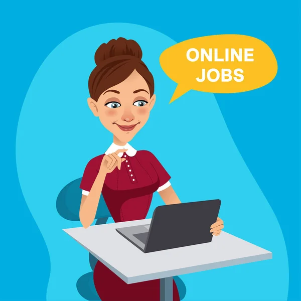 Kobieta siedzi przy stole i szuka pracy na laptopie. Kobieta używa usługi rekrutacji on-line. Koncepcja pracy online — Wektor stockowy