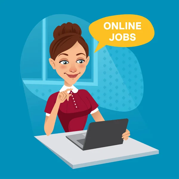 Kobieta siedzi w domu i szuka pracy na laptopie. Kobieta używa usługi rekrutacji on-line. Koncepcja pracy online — Wektor stockowy