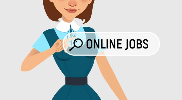 Femme écrit en ligne JOB dans la barre de recherche sur l'écran virtuel. Une femme cherche du travail. Service de recrutement en ligne — Image vectorielle