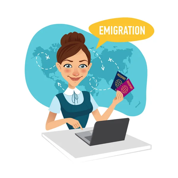 Frau sitzt am Tisch im Büro und arbeitet für Laptop. Mitarbeiter des Unternehmens bereitet Visa für Migranten vor. — Stockvektor