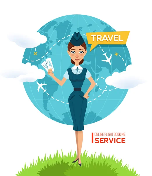 Vásárlás jegyek online. Banner reklám plakát. Stewardess repülőjegy tartja, és felajánlja, hogy megy a világ körül — Stock Vector