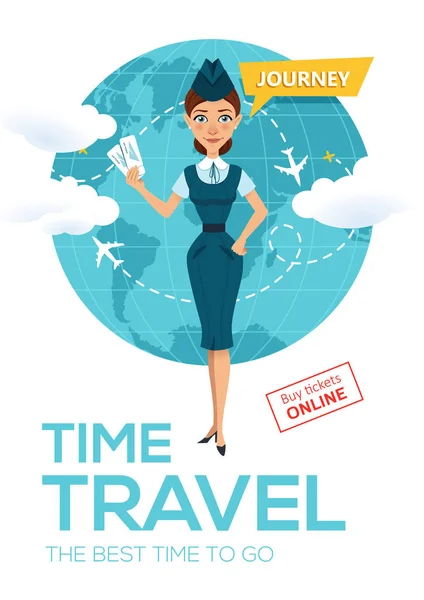 Vlucht online boekingsservice. Reclame poster, banner. Stewardess houdt van vliegtickets en biedt om op reis te gaan — Stockvector