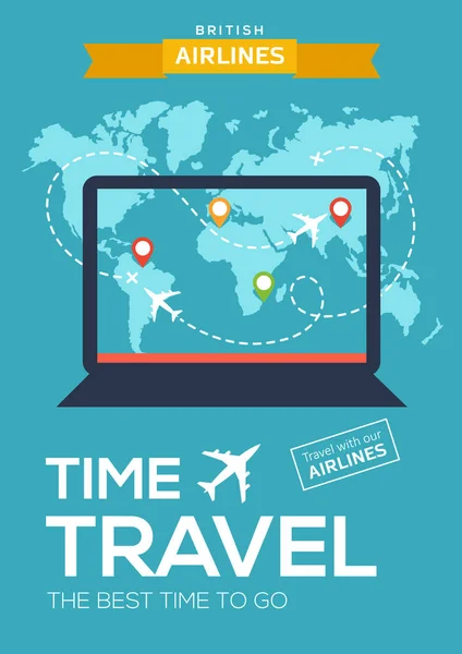 Рекламний плакат, банер авіакомпанії. Ілюстрація з ноутбуком, картою світу, позначками карт і польотом літака — стоковий вектор