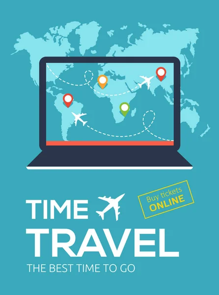 Vlag van reisorganisatie. Illustratie voor vlucht Online boekingsservice. Reizen in de tijd. De beste tijd om te gaan. — Stockvector