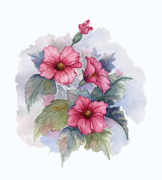Flowering branch of red flowers on white background. Watercolor illustration. — Stock Photo, Image