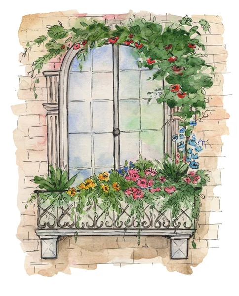 Illustration eines hölzernen alten Retro-Fensters mit Fetzen und kleinem, mit Blumen geschmückten Balkon. Aquarellillustration — Stockfoto