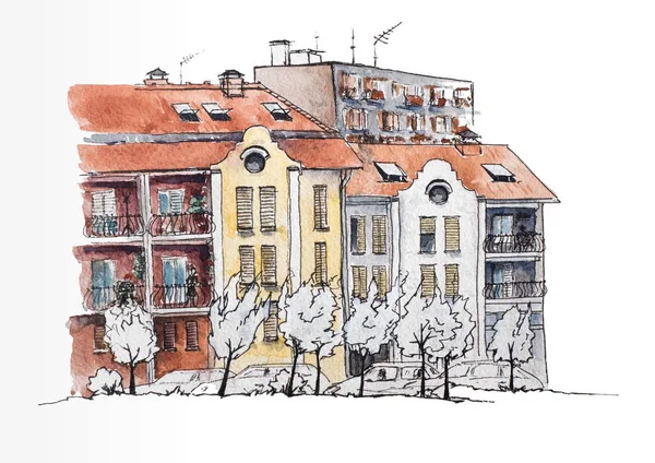 Paysage urbain européen. Ville européenne avec des maisons anciennes et modernes. Vue urbaine. Illustration aquarelle. Croquis — Photo