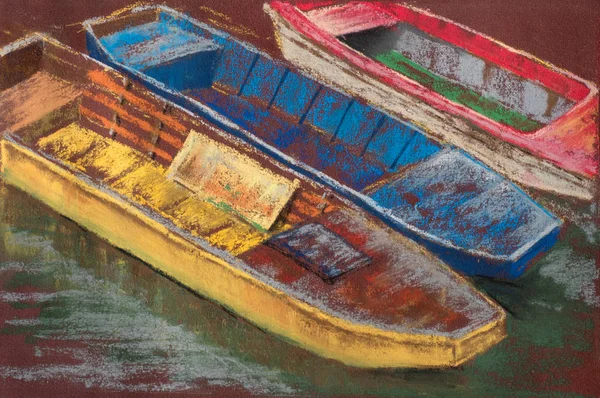 Botes de madera de color árbol en el río. Paisaje de verano. Pastel Pintura —  Fotos de Stock