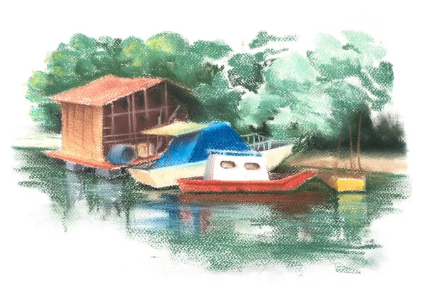 Hajók és halászati benyújtani a folyó. Nyári táj. Pasztell festés — Stock Fotó