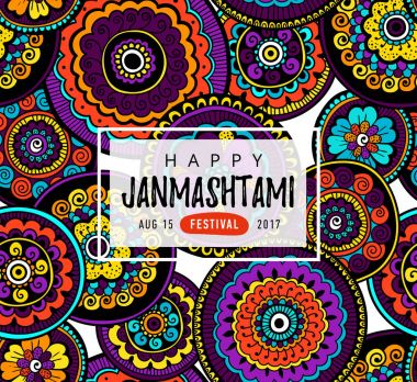 Vektör başlık sayfası, poster veya elle çizilmiş yazı ile mutlu Krishna Janmashtami Hint Festivali için tebrik kartı