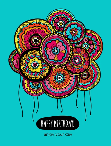 Cartão de Feliz Aniversário colorido com balões. Balões com padrão floral indiano. Ilustração vetorial . —  Vetores de Stock