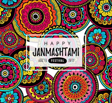 Vektör başlık sayfası, poster veya elle çizilmiş yazı ile mutlu Krishna Janmashtami Hint Festivali için tebrik kartı