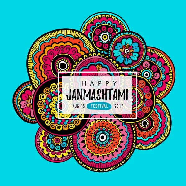 Vektör başlık sayfası, poster veya elle çizilmiş yazı ile mutlu Krishna Janmashtami Hint Festivali için tebrik kartı